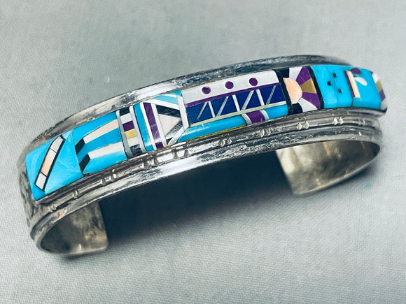 5.5 Inch Wrist Vintage Yei Native American Navajo Sterling Silver Inlay Bracelet-Nativo Arts
