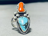 Best Vintage Native American Navajo Old Kingman Turquoise Coral Sterling Silver Ring-Nativo Arts