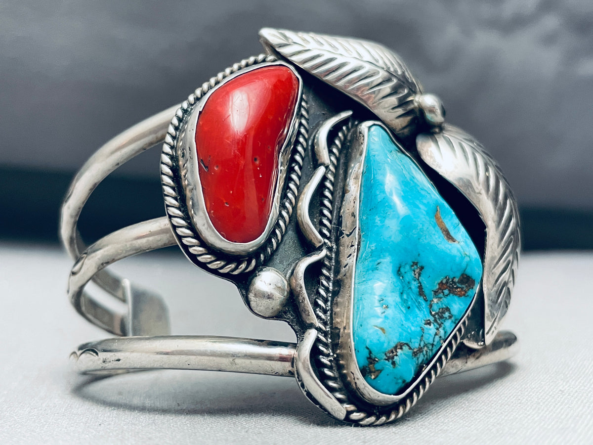 Chunky Turquoise And Coral Leaf Vintage Native American Navajo Sterlin ...