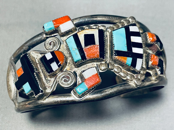 One Of The Finest Vintage Native American Zuni Turquoise Inlay Sterling Silver Bracelet-Nativo Arts