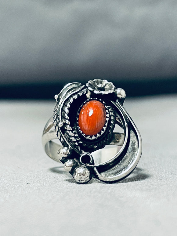 Awesome Vintage Native American Navajo Coral Sterling Silver Leaf Floral Ring-Nativo Arts