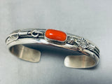 dangling feather!! Native American Navajo Signed Coral Sterling Silver Bracelet-Nativo Arts