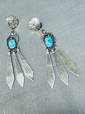 Amazing Vintage Native American Navajo Morenci Turquoise Sterling Silver Signed Dangle Earrings-Nativo Arts