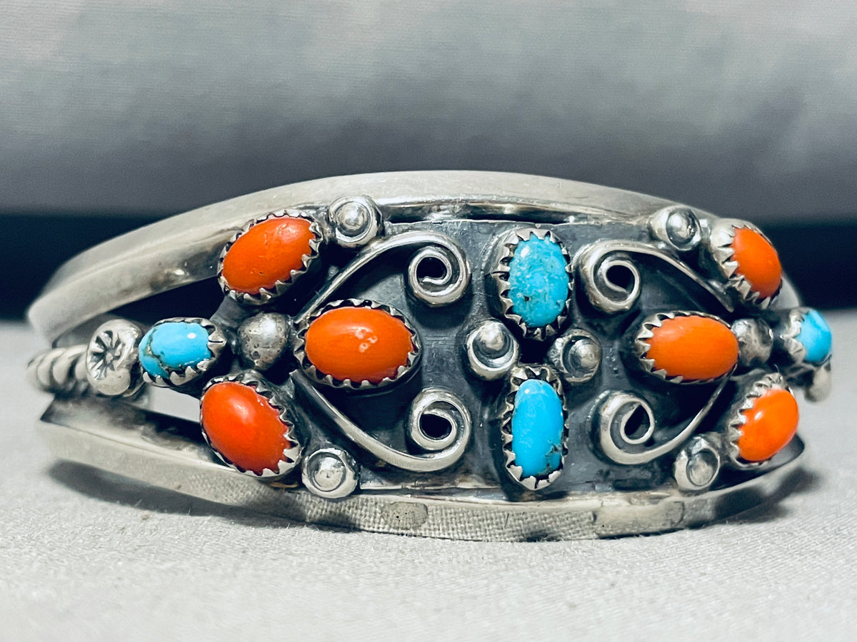 Exquisite Vintage Intricate Sterling Silver Turquoise and Coral Cuff Bracelet FREE selling SHIPPING! #BALI-CF3