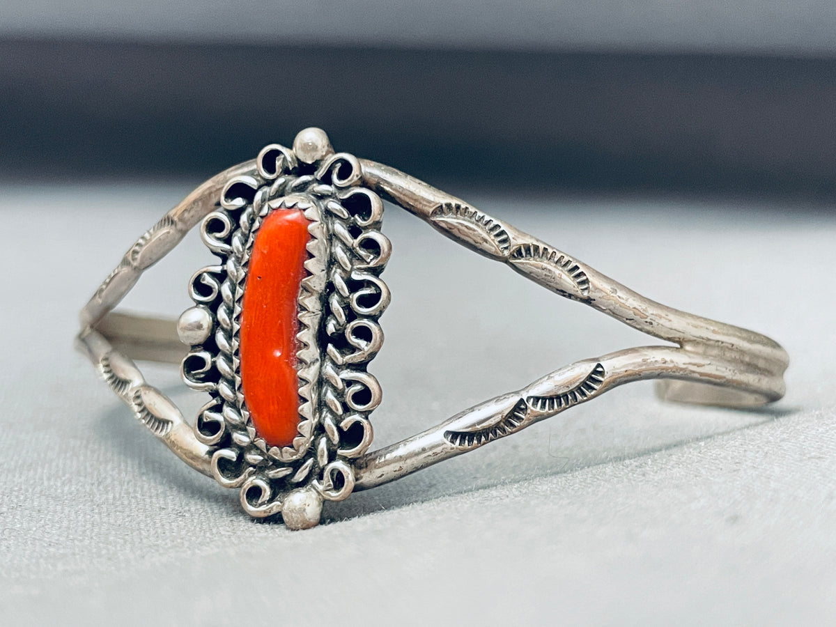 Sparkling Vintage Native American Navajo Coral Sterling Silver Bracele ...