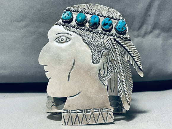 Indian Head!!! 154 Grams Native American Navajo Turquoise Sterling Silver Bracelet Cuff-Nativo Arts