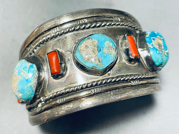 Museum Quality & Signed Vintage Native American Navajo Turquoise Coral Sterling Silver Bracelet-Nativo Arts