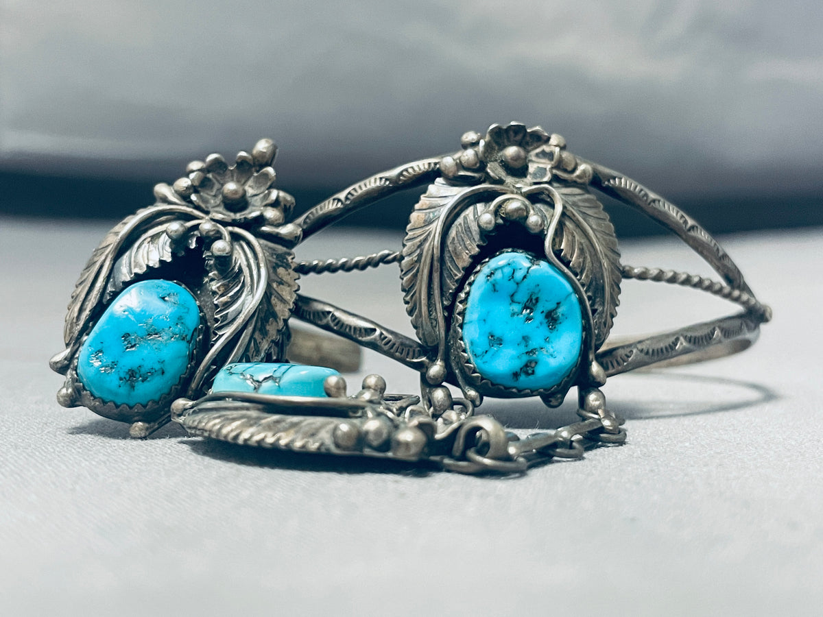 Rare Vintage Signed Native American Navajo 3 Morenci Turquoise