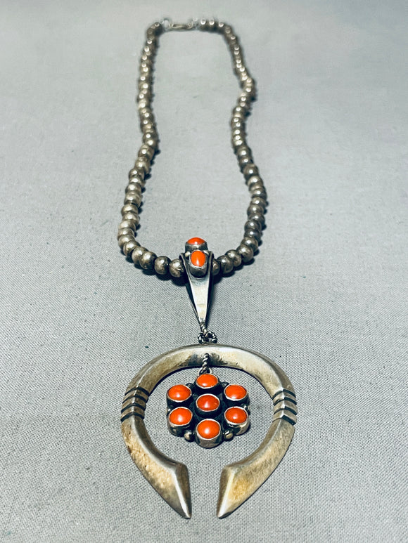 Dean Brown Vintage Native American Navajo Coral Sterling Silver Naja Necklace!-Nativo Arts