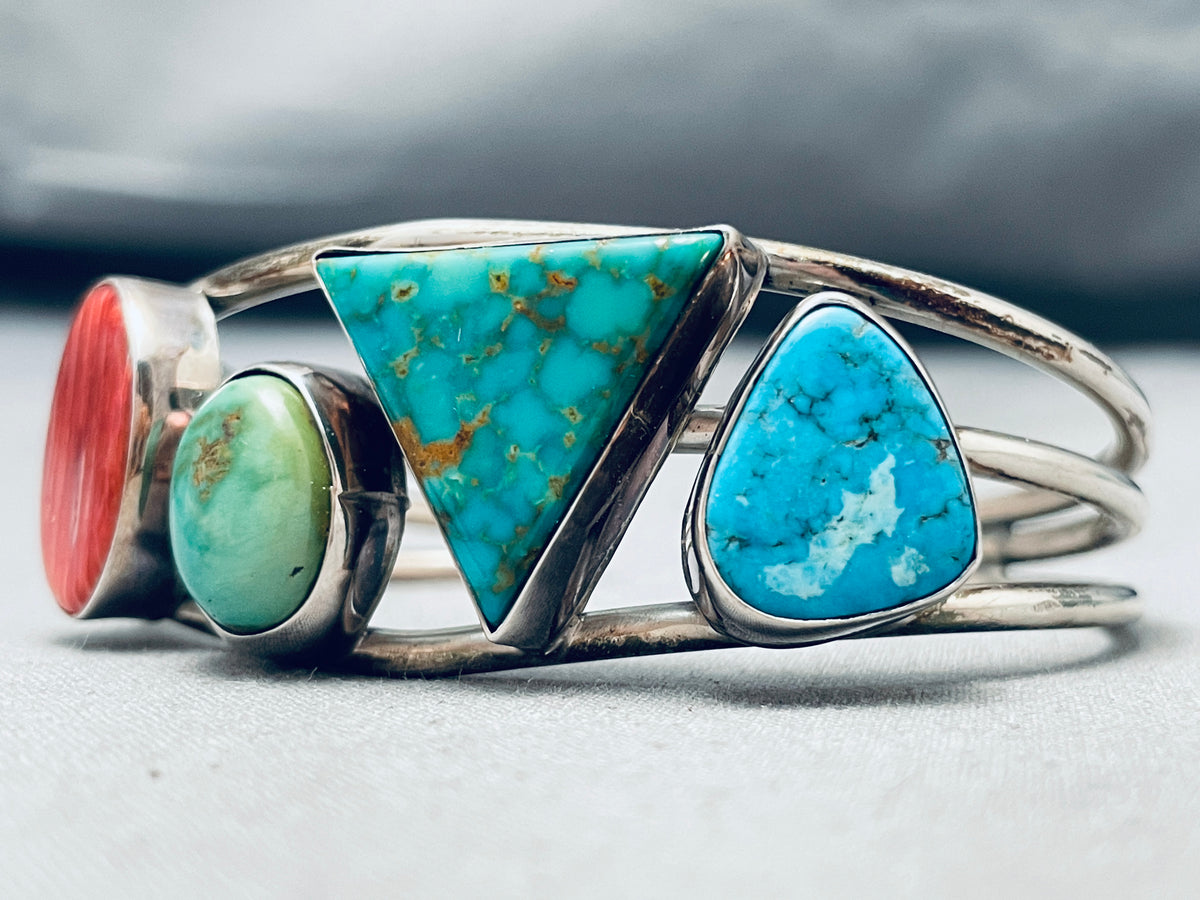 Dramatic Vintage Native American Navajo Turquoise Sterling Silver Brac ...
