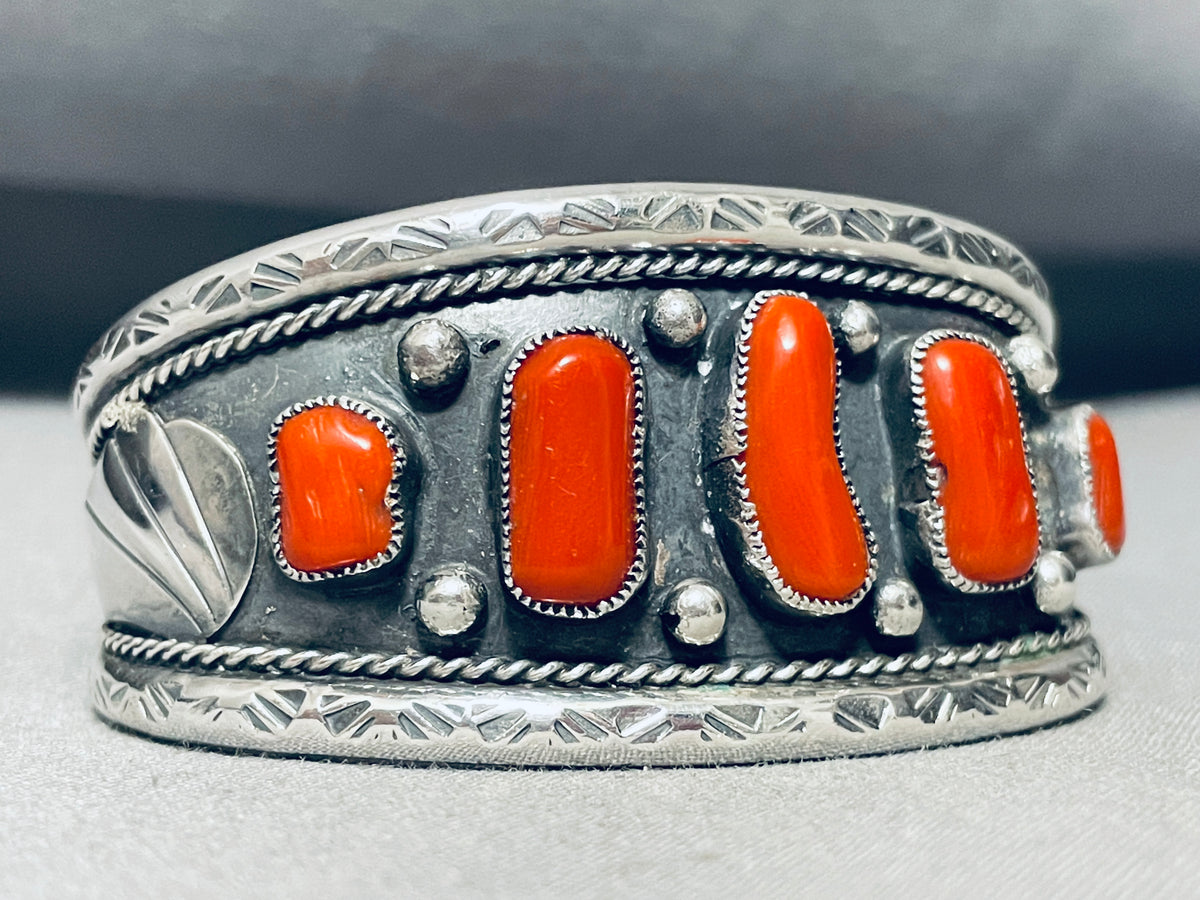 Gasp! Vintage Native American Navajo Coral Chunk Sterling Silver Brace ...
