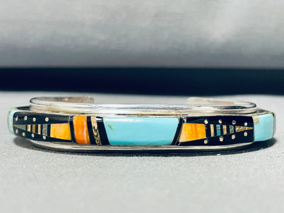 7 Inch Wrist Native American Navajo Intricate Inlay Turquoise Sterling Silver Bracelet-Nativo Arts
