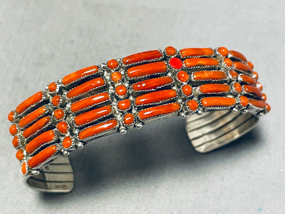 Authentic Vintage Native American Navajo Coral Needlepoint Sterling Silver Bracelet