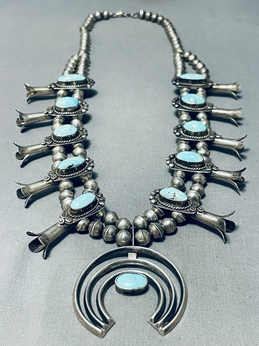 Gasp! Vintage Native American Navajo Turquoise Sterling Silver Squash  Blossom Necklace