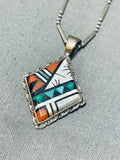 Authentic Vintage Native American Zuni Turquoise Coral Inlay Sterling Silver Necklace-Nativo Arts
