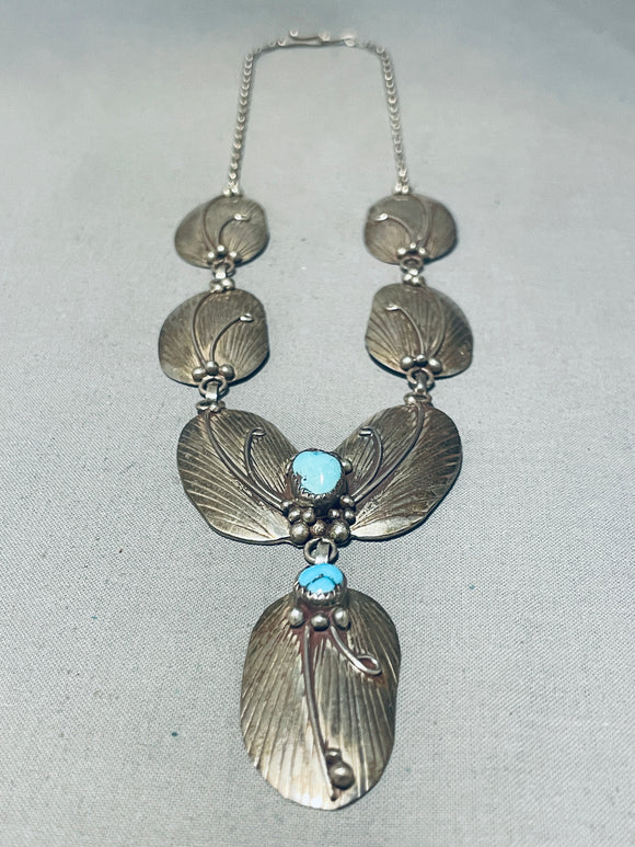 Signed And Detailed Vintage Native American Navajo Turquoise Sterling Silver Leaf Necklace-Nativo Arts