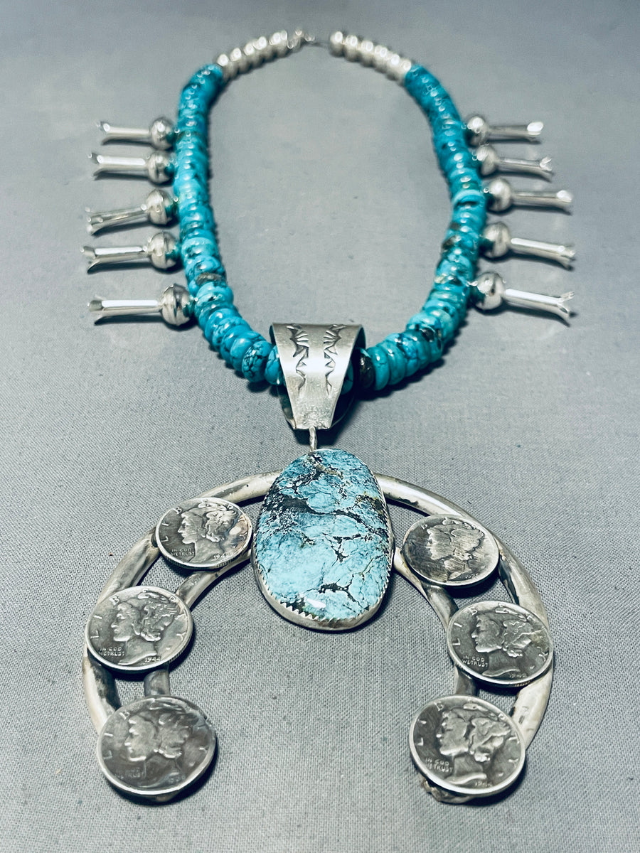 Signed Native American Navajo Blue Diamond Turquoise Sterling