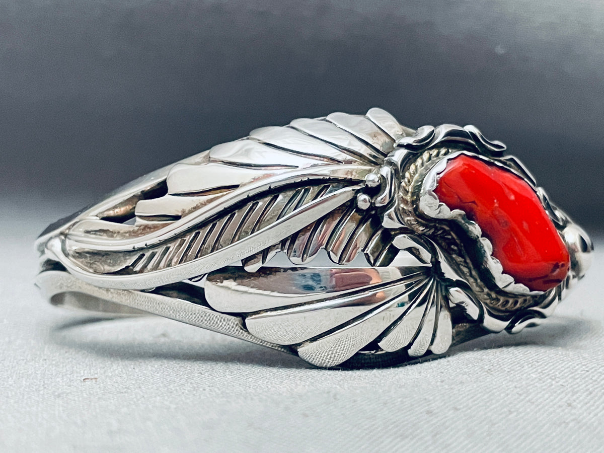 Chunky Coral Vintage Native American Navajo Sterling Silver Leaf Brace ...