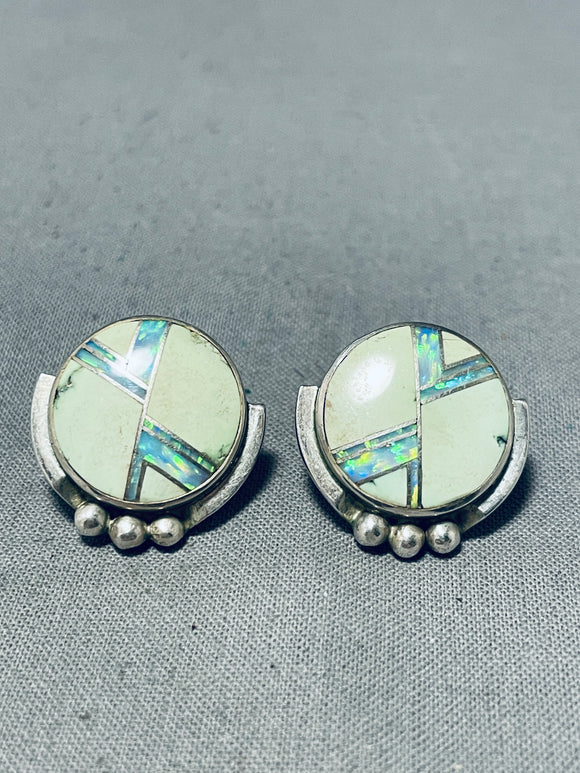 Native American R.h. Boyd Vintage Avajo Turquoise Opal Sterling Silver Earrings-Nativo Arts