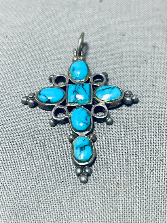 Dazzling Vintage Native American Navajo Blue Diamond Turquoise Sterling Silver Cross Pendant-Nativo Arts