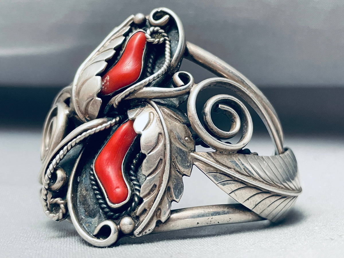Leaves Galore Vintage Native American Navajo Coral Sterling Silver Bra ...