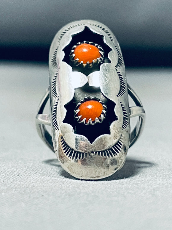 Artistic Vintage Native American Navajo Coral Sterling Silver Shadowbox Ring-Nativo Arts