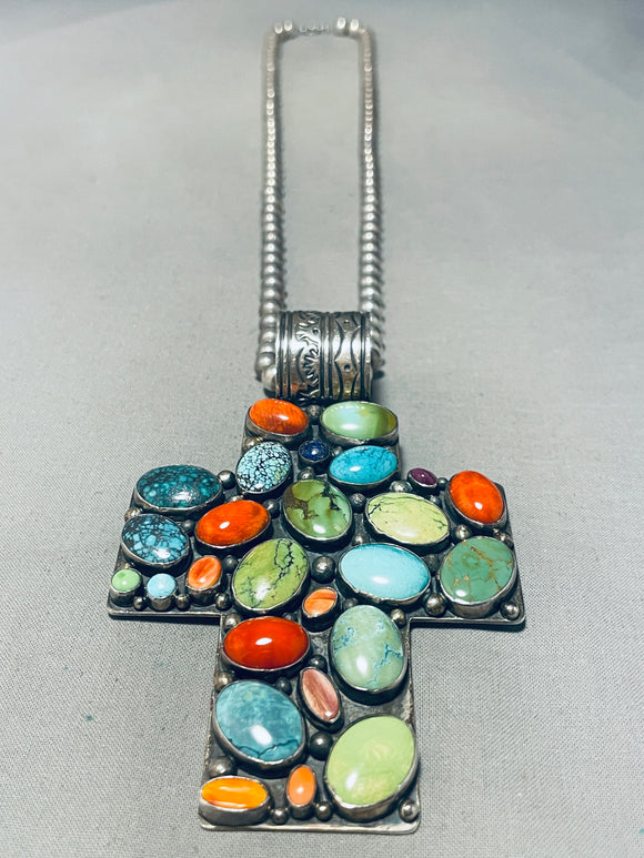 131 Grams Vintage Native American Navajo Turquoise Sterling Silver Cross Necklace-Nativo Arts