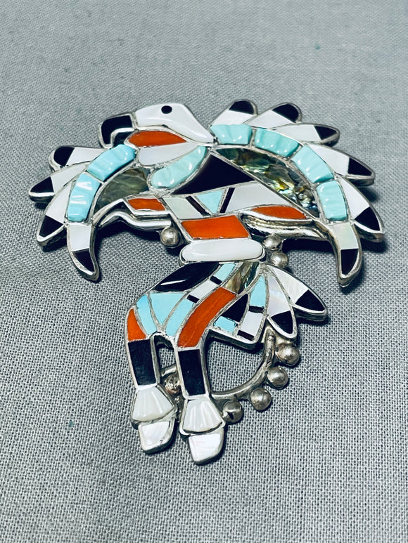Larry Laate Vintage Native American Zuni Turquoise Inlay Dancer Sterling Silver Pin Pendant-Nativo Arts