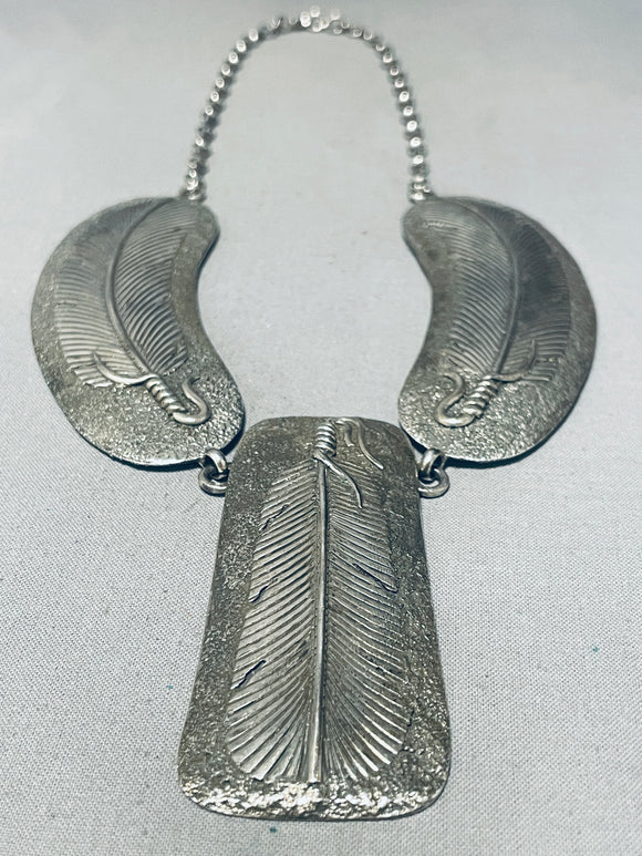 Biggest Best Vintage Native American Navajo Hand Carved Sterling Silver Feather Necklace-Nativo Arts