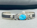 Stunning Native American Navajo Signed Blue Gem Turquoise Sterling Silver Bracelet-Nativo Arts