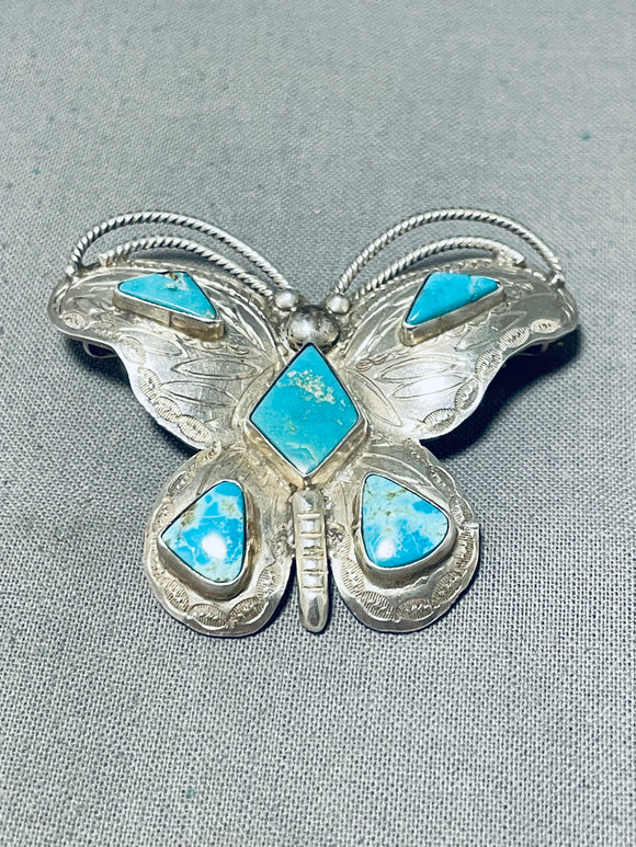 Whimsical Vintage Native American Navajo Blue Gem Turquoise Sterling Silver Butterfly Pin-Nativo Arts