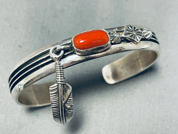 dangling feather!! Native American Navajo Signed Coral Sterling Silver Bracelet-Nativo Arts