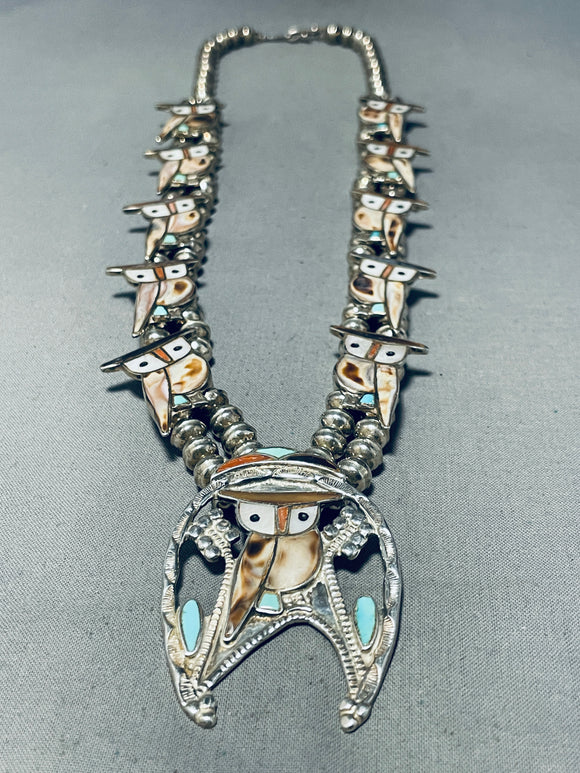 Owl Vintage Native American Zuni Turquoise Sterling Silver Squash Blossom Necklace-Nativo Arts