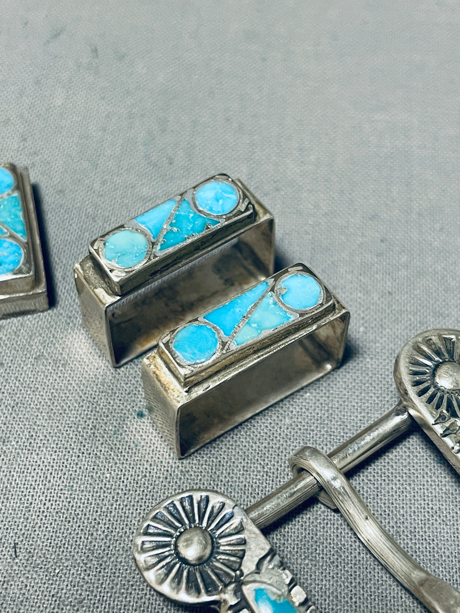 Brilliant Vintage Native American Zuni Blue Gem Turquoise Inlay Sterli ...