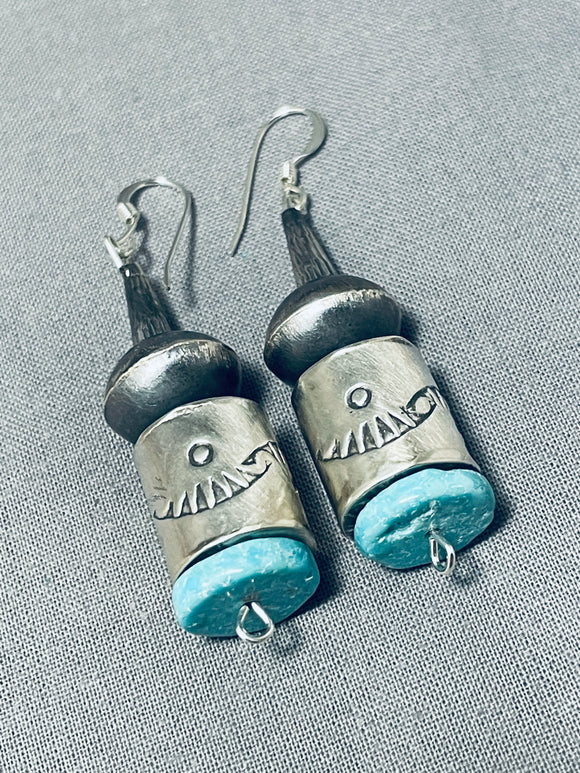 Hand Tooled Tubule Native American Navajo Sterling Silver Turquoise Earrings-Nativo Arts