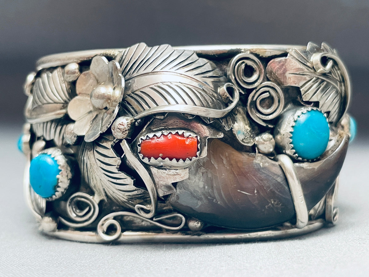 Heavy Mens Native American Navajo Turquoise Sterling Silver Bear Brace ...