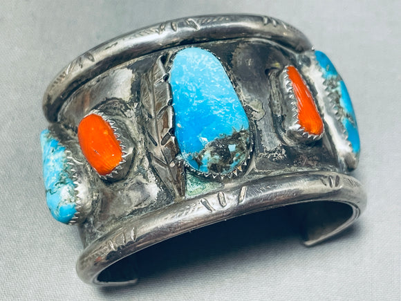 5 Inch Small Wrist Vintage Native American Navajo Turquoise Coral Sterling Silver Bracelet-Nativo Arts