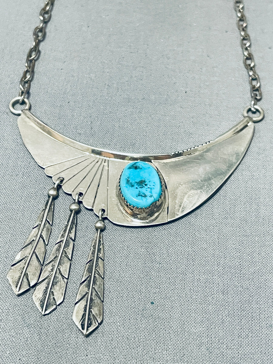 Navajo Turquoise and Silver Beaded Necklace with Feather Design c. 196