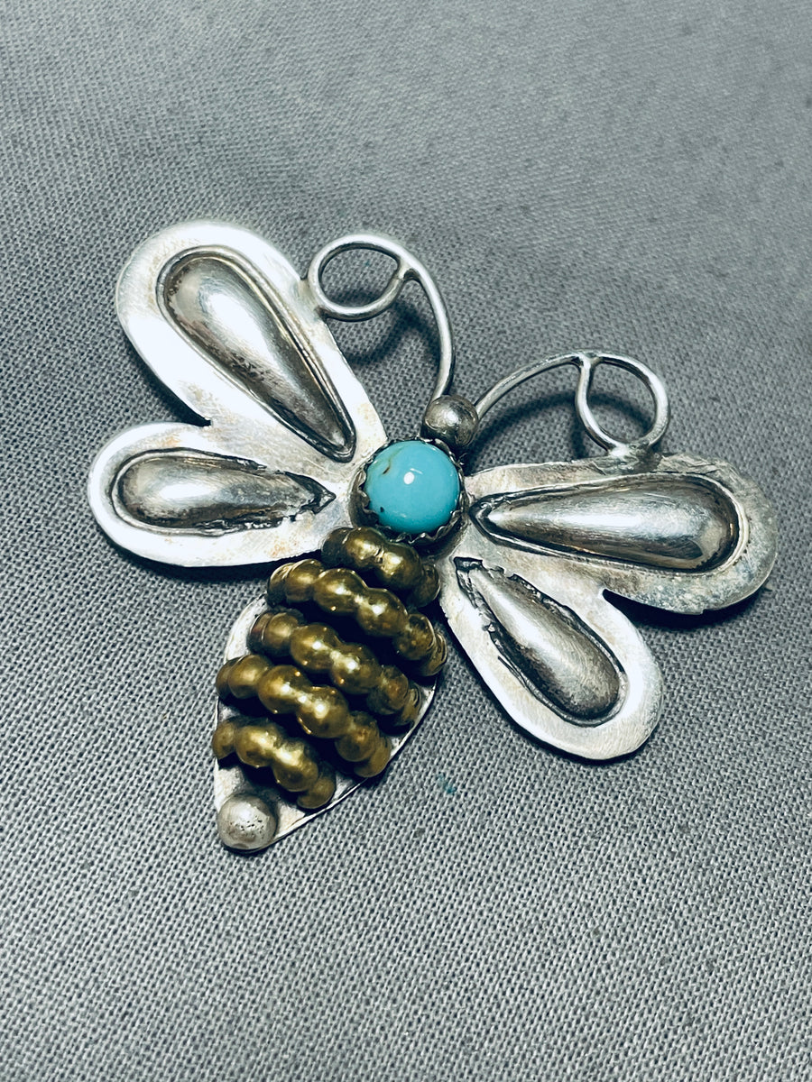 Native American Omg Cute Bee Vintage Turquoise Sterling Silver Pin