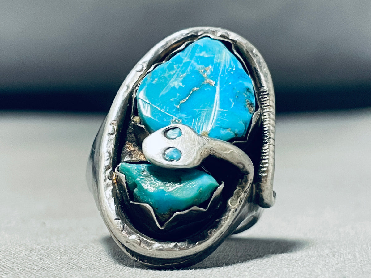 Native Zuni DISHTA signed long turquoise snake eyes solid store sterling silver ring