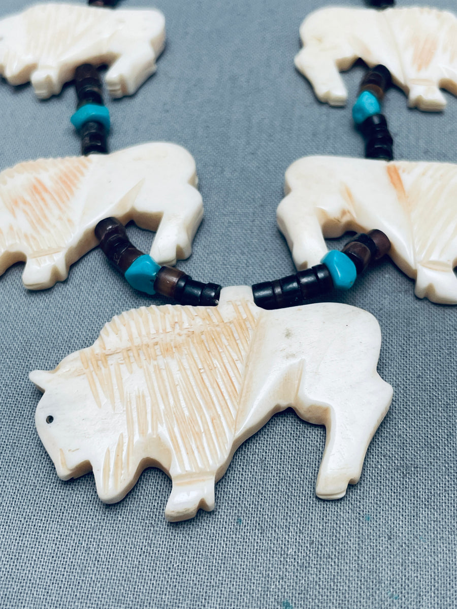 Zuni Indianer Schmuck Native American Halskette - Buffalo Bone Heishi Mit Türkis, Koralle & Onyx In Sterling Silber Handgefertigte Indianerschmuck Halskette
