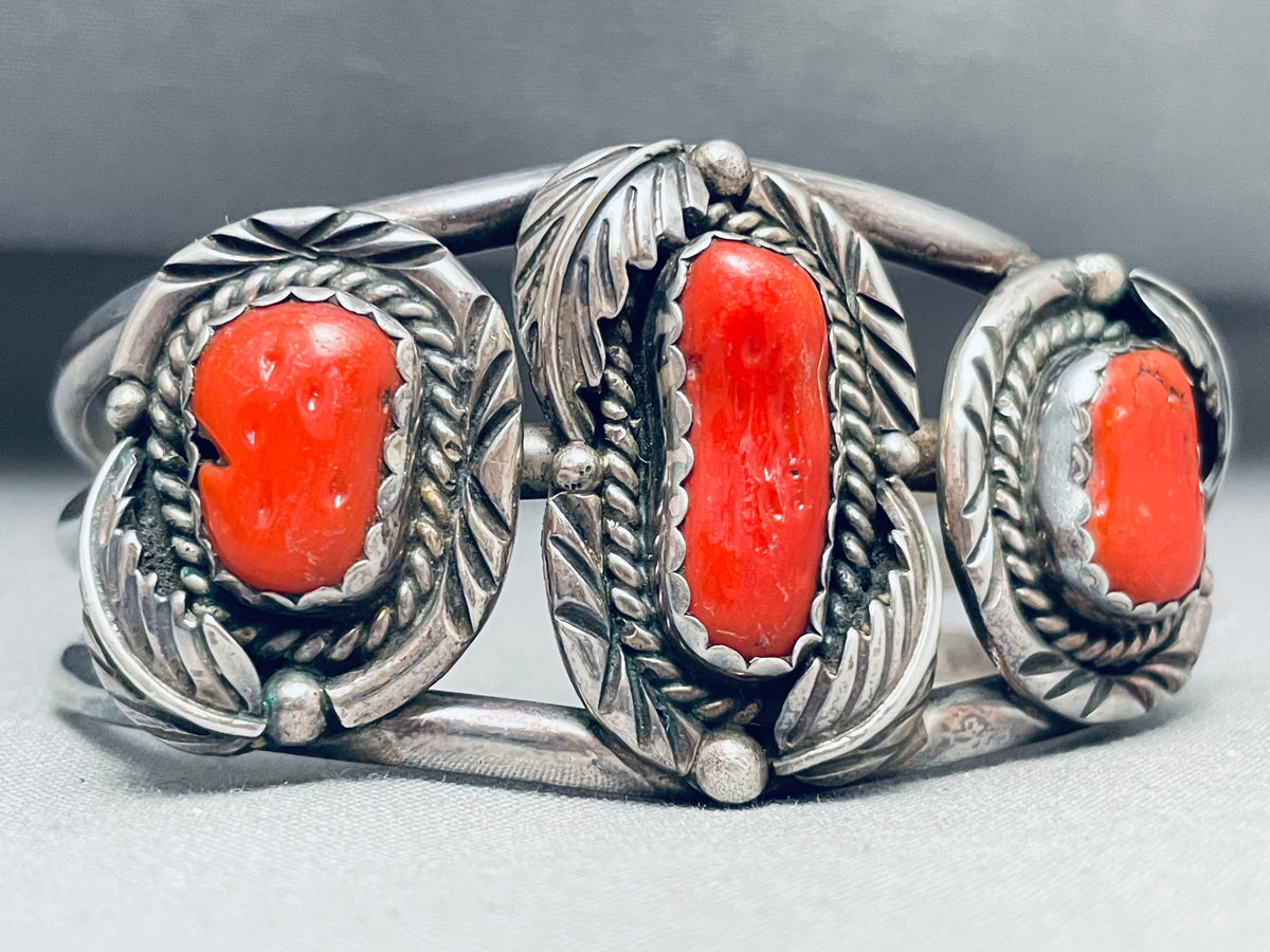 Chunks Of Coral Vintage Native American Navajo Leaves Sterling Silver ...