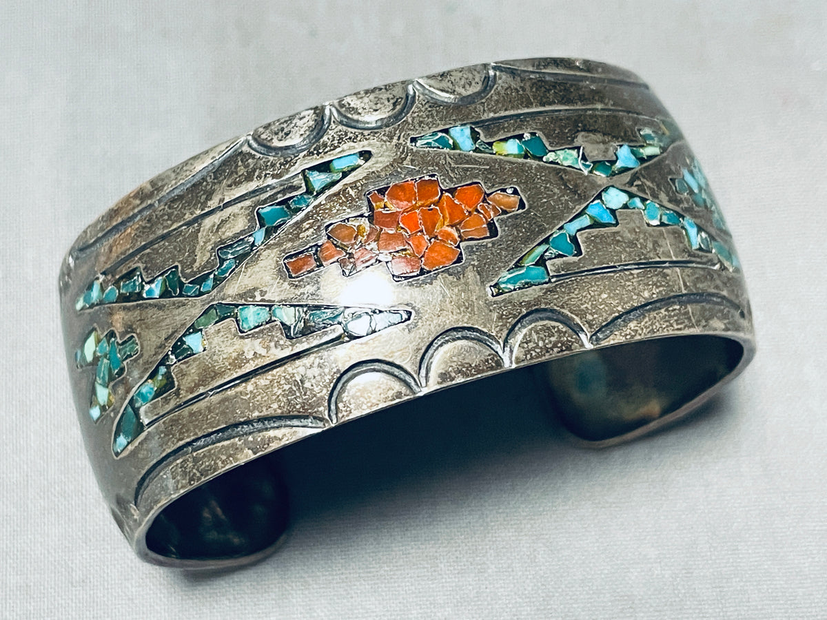 Signed Native 925 STERLING SILVER Turquoise and Coral Inlay Cuff shops Bracelet