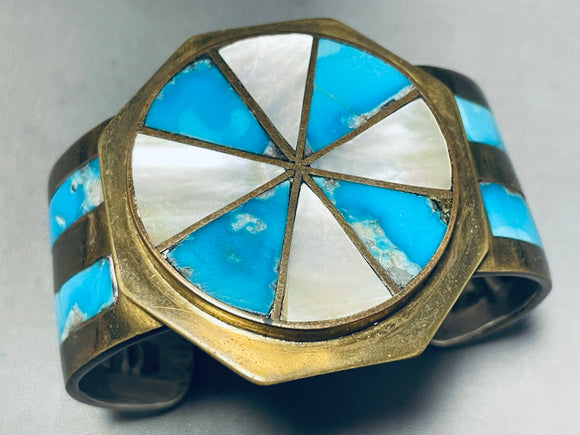 Wagonwheel Inlay!! Vintage Native American Navajo Turquoise Sterling Silver Bracelet-Nativo Arts