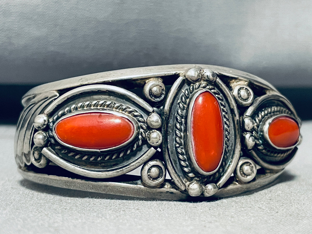 Coil Heavy Thick Vintage Native American Navajo Coral Sterling Silver ...