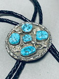 Traditional Native American Navajo Morenci Turquoise Sterling Silver Bolo Tie-Nativo Arts