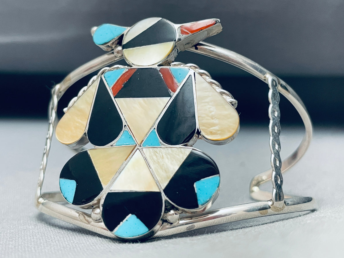 Huge Vintage Native American Zuni Turquoise Inlay Sterling Silver Brac ...
