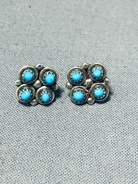 Traditional Vintage Native American Zuni Blue Gem Turquoise Sterling Silver Earrings-Nativo Arts