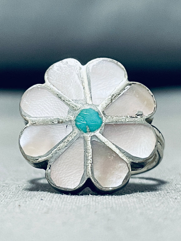 Beautiful Vintage Native American Navajo Flower Turquoise Inlay Sterling Silver Ring-Nativo Arts