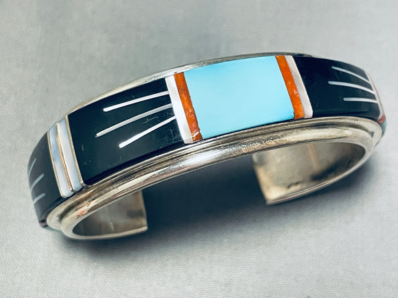 6 Inch Wrist Bold Vintage Native American Navajo Turquois Einlay Sterling Silver Bracelet-Nativo Arts